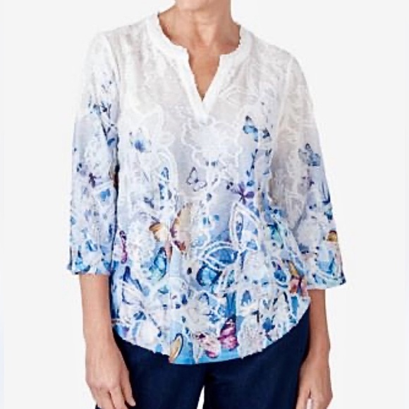 Alfred Dunner Women's In Full Bloom Butterfly Border Jacquard V Neck Top NWT - Picture 12 of 14